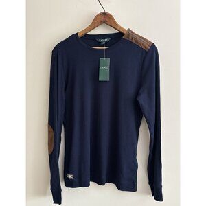 NEW Ralph Lauren Top Womens Large Blue Long Sleeve Elbow Patch Zip Shoulder